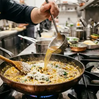 Featured mobile: Os chefs italianos concordam: “Para que o risoto fique perfeito, é preciso adicionar uma concha de caldo quente antes do queijo.”