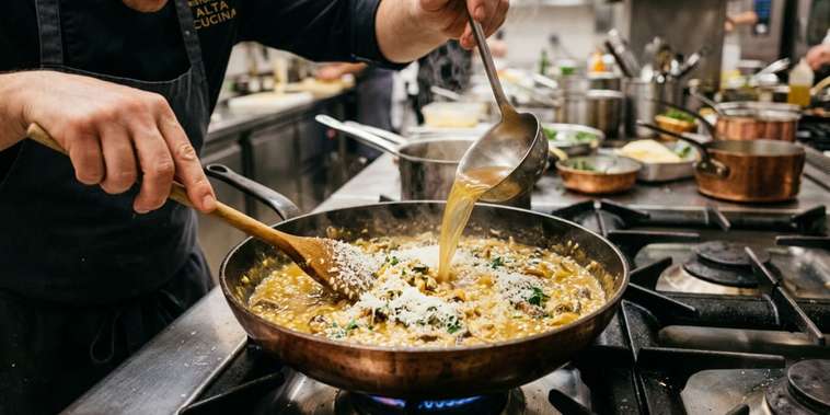 Featured main: Os chefs italianos concordam: “Para que o risoto fique perfeito, é preciso adicionar uma concha de caldo quente antes do queijo.”