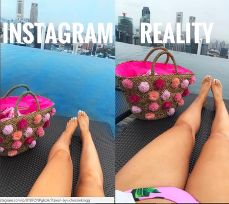 Instagram e realidade: nesta foto, ela alterou não só o corpo como o ambiente e paisagem, deixando piscina e céu mais azuis que o real
