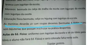 Escola envia bilhete dizendo que meninas devem ir com roupas decentes