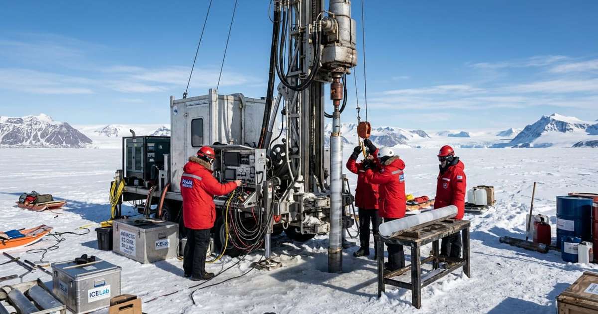 Eles perfuram 1.716 pés de gelo com água a 167 °F e abaixam uma broca para recuperar sedimentos que poderiam se originar de períodos sem gelo na Antártica