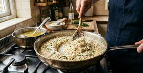 Os cozinheiros italianos concordam: “Para o risoto ficar perfeito, é preciso refogar o arroz assim e adicionar o caldo aos poucos até o ponto certo.”