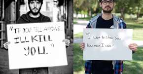 Fotografias reúnem homens vítimas de abuso sexual segurando as frases que ouviram de seus agressores