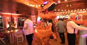 Casamento conta com dinossauro para abrir a pista de dança