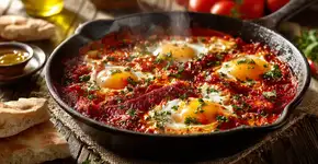 Receita do Oriente Médio combina proteína dos ovos com nutrientes do tomate e especiarias em uma frigideira só