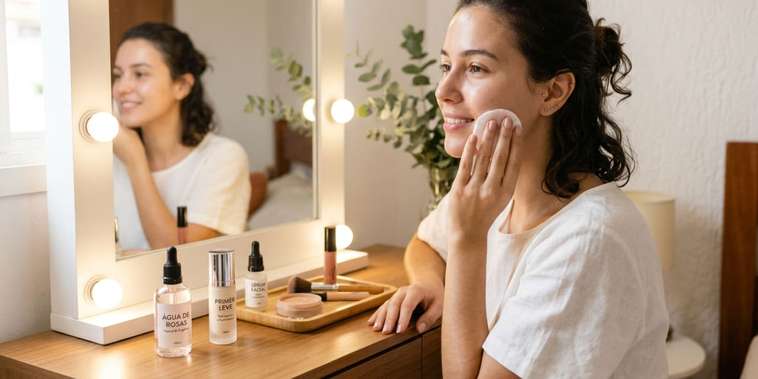 Featured main: Molhe o rosto com água de rosas e aplique com um algodão. Ele ficará naturalmente mais firme e iluminado ao longo do dia, sem o uso de primer ou base. Uma maneira de preparar a pele antes da maquiagem