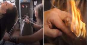 Homem usa espada de samurai e maçarico para cortar o cabelo de seus clientes