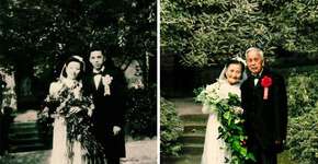 Casal recria fotos do álbum de casamento para celebrar 70 anos de união