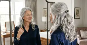 O meio preso com ondas soltas é um penteado rápido para o dia a dia que rejuvenesce e valoriza os cabelos grisalhos