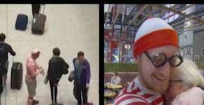 Vestido de Wally em um aeroporto, ele fez uma surpresa para a mãe