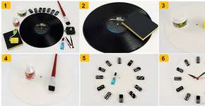 Relógio reciclado de disco de vinil e dominó