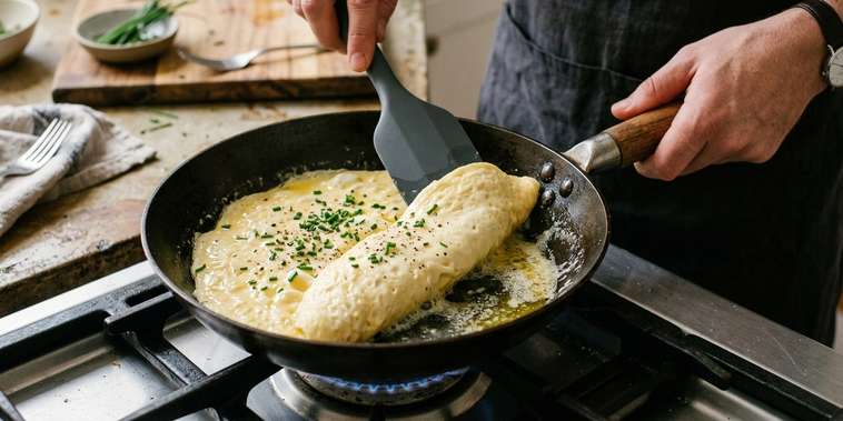 Featured main: Os franceses concordam: “Para deixar o omelete mais macio e com sabor equilibrado, o segredo é adicionar uma colher de creme de leite antes de bater os ovos.”