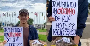 Jovem vende ração em saquinhos para alimentar cães de rua