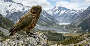 Papagaio neozelandês com deficiência usa bico quebrado para alcançar a posição de alfa