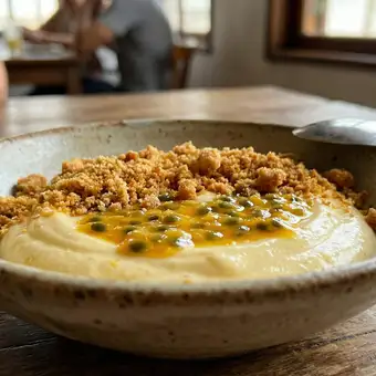 Featured mobile: Esse creme gelado de maracujá com crocante por cima vicia na primeira colherada
