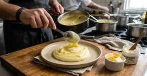 O melhor purê de batata não leva leite, leva 200 gramas de manteiga gelada e 3 colheres de creme de queijo