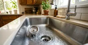 Despeje meio copo de vinagre e bicarbonato de sódio no ralo, e ele se limpará sozinho