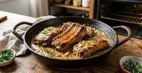 Como preparar costelas de porco douradas com creme de cebola e alho