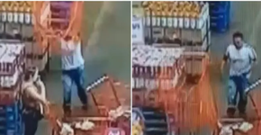 Vídeo mostra homem arremessando carrinho de supermercado em mulher