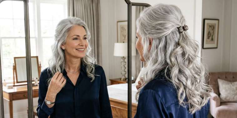 Featured main: O meio preso com ondas soltas é um penteado rápido para o dia a dia que rejuvenesce e valoriza os cabelos grisalhos