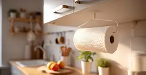 Esse truque com cabide plástico tira o papel toalha da bancada e libera espaço na cozinha