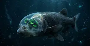 Um peixe de águas profundas chamado “Demenigis” com olhos voltados diretamente para cima dentro de uma cúpula transparente que cobre sua cabeça.