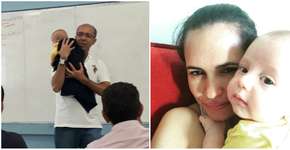 Professor dá aula ninando bebê para mãe não perder os conteúdos