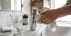 Uma colher num copo de água morna e a torneira manchada fica brilhando como nova em minutos: o truque português remove o calcário sem precisar esfregar