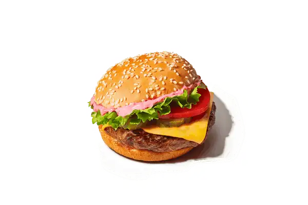O suculento Burger do BK é feito com pão com gergelim, molho rosa sabor defumado, alface, tomate, picles, fatia de queijo sabor cheddar e hambúrguer blend gourmet 120g.