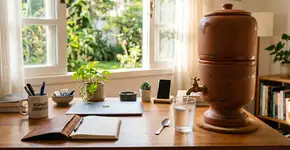 A moringa de barro que antes era esquecida no sítio, hoje garante água fresca na mesa de trabalho