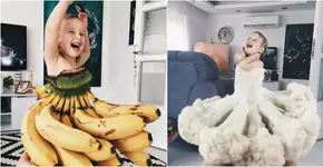 Mãe e filha brincam de criar vestidos usando comida e flores