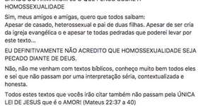 “Não acredito que homossexualidade seja pecado diante de Deus”