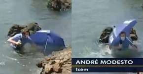 Jornalista da Globo cai em rio durante reportagem ao vivo sobre chuvas
