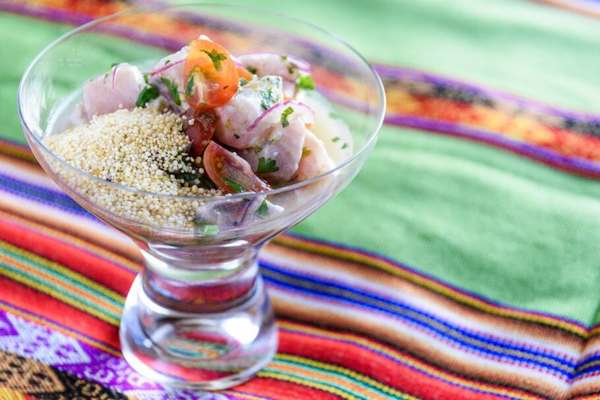O tradicional ceviche (R$ 20) surge em uma versão de Cavala com Cambuci e Farinha Ovinha.Foto: Lucas Terribili / Divulgação