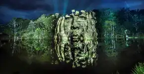 Artista projeta imagens de rostos de índios na Floresta Amazônica