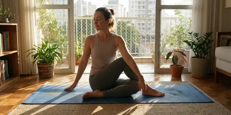 Featured main: Alongar o corpo em casa em vez de fazer musculação ajuda muito, mas só vale a pena se cada posição for sustentada por no mínimo 30 segundos, a respiração for controlada e lenta durante todo o exercício e a sessão acontecer preferencialmente pela manhã em jejum