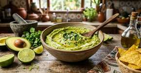 Os mexicanos dizem que o segredo para o guacamole ficar mais cremoso e com sabor equilibrado é colocar um fio de azeite de oliva