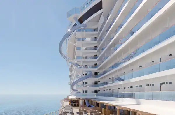 The Drop, escorregador em espiral que percorre  10 andares pela lateral do navio