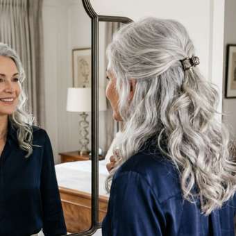 Featured mobile: O meio preso com ondas soltas é um penteado rápido para o dia a dia que rejuvenesce e valoriza os cabelos grisalhos