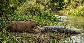 Uma “trégua” estranha: Uma capivara foi vista dormindo ao lado de um enorme grupo de jacarés, e a explicação não é amizade. É pura sobrevivência