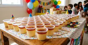 Pudim de caramelo sem ovos em copinhos fofos, receita fácil e econômica para festas escolares infantis.