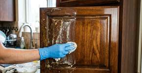 Eu molho um pano na solução e limpo os armários da cozinha. O resíduo de gordura desaparece imediatamente