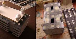 Mesa sustentável montada com fitas de videocassete