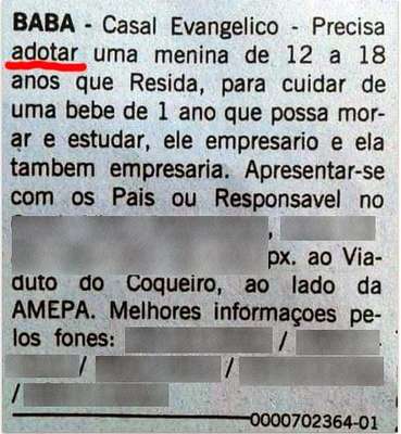 Anúncio divulgado por jornal paraense em 2015 
